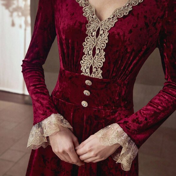 Burgundy Elegant Women's Lace Patchwork V-Neck A-Line Dress - Picture 3 of 6